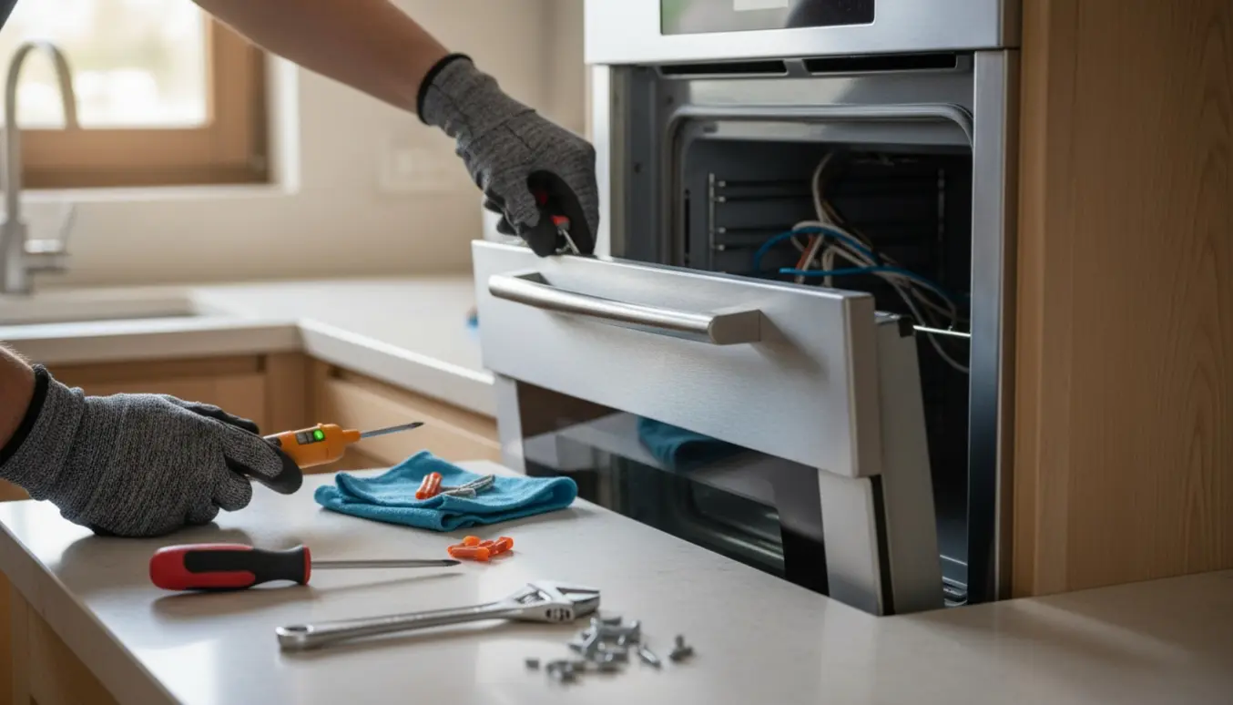 Hænder installerer en ny indbygningsovn i et køkken med værktøj på bordet.