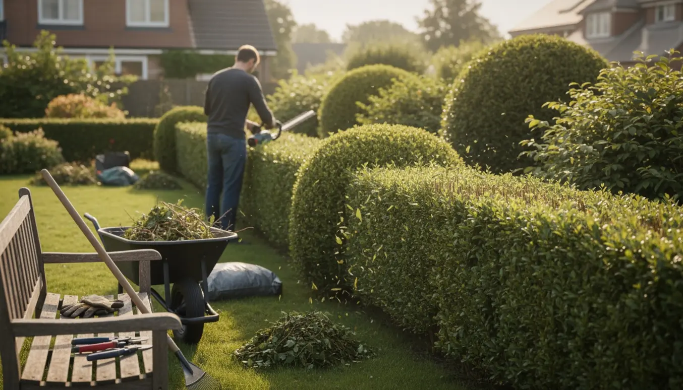 En havearbejder trimmer en række mellemstore buske og fylder en trillebør med afklip på en solrig dag.