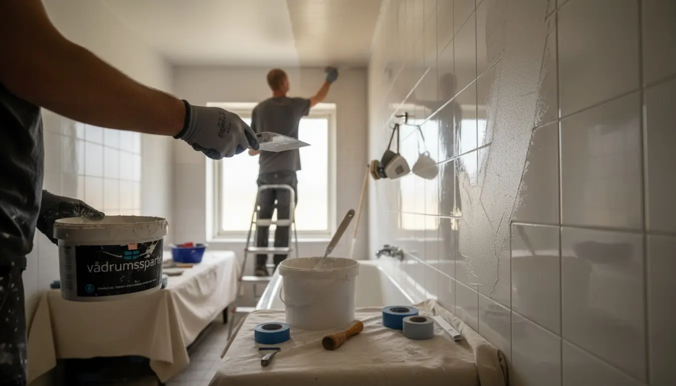 Hænder spartler væg og loft i et lille badeværelse over fliser med vådrumsspartel.