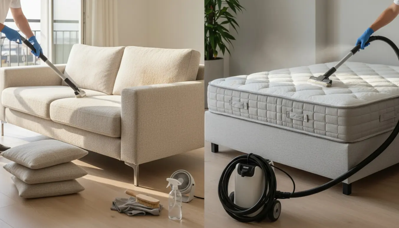 Professionel rensning af lys uldsofa og 1,4x2 m topmadras med støvsuger-, ekstraktions- og imprægneringsudstyr.