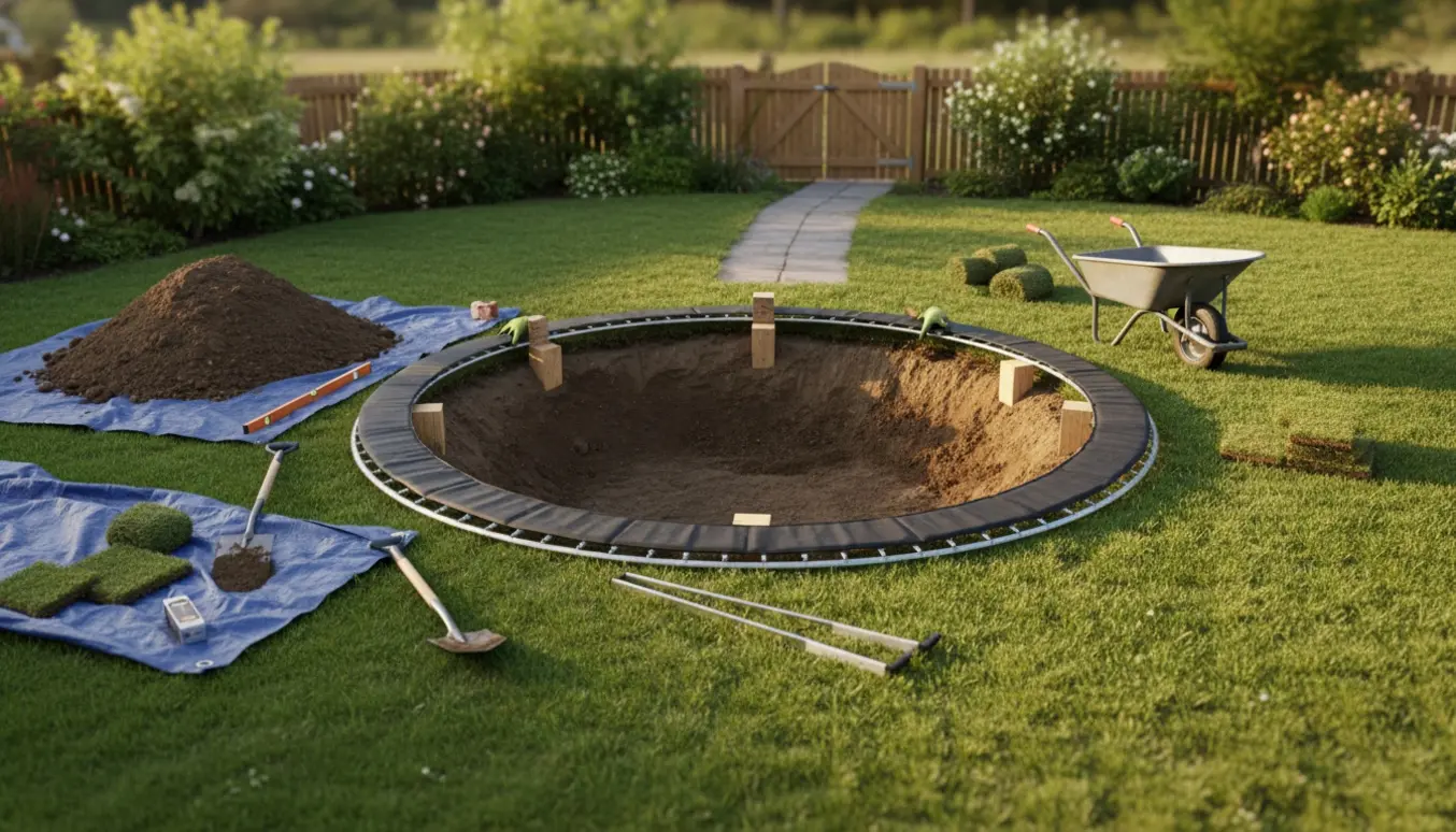 Nedgravning af en rund trampolin i baghaven med værktøj, jordbunker og åben havelåge.