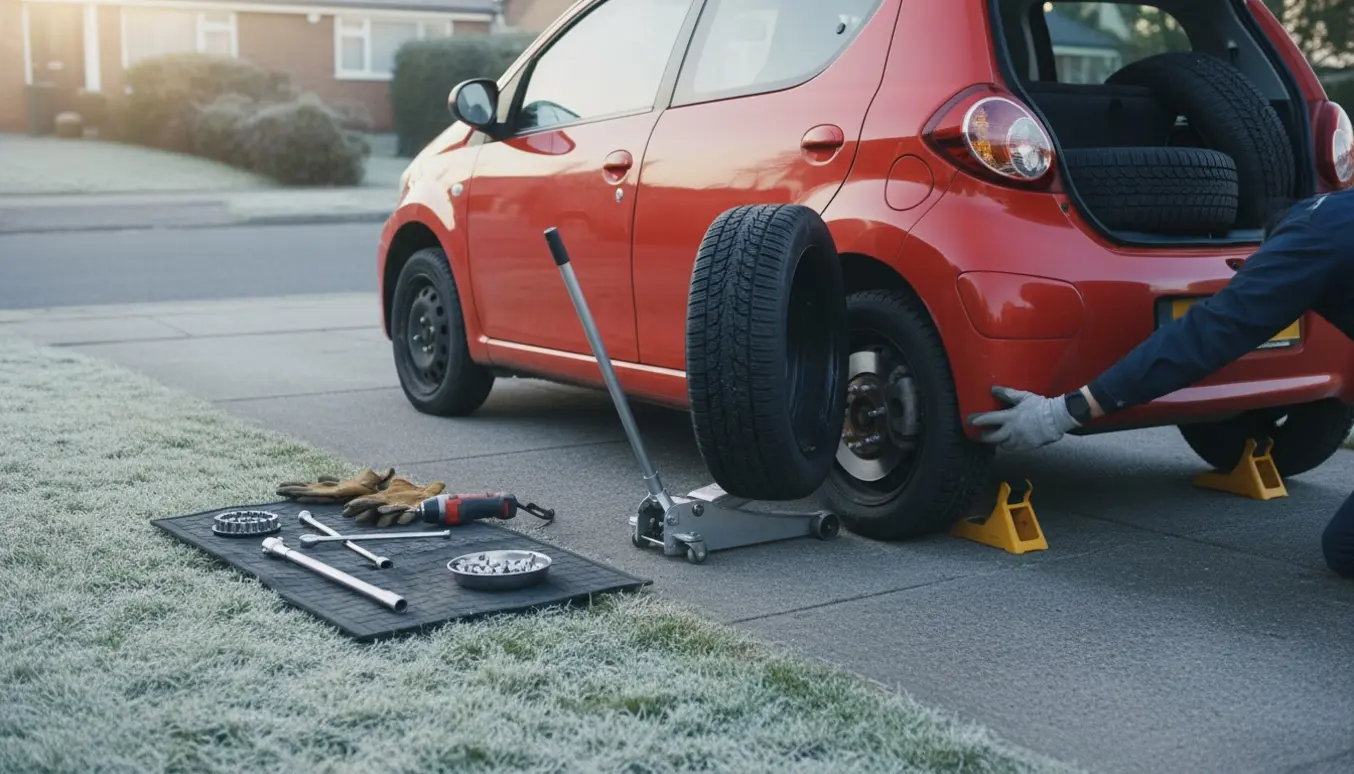 En person (uden synligt ansigt) monterer vinterdæk på en lille hatchback på indkørslen med medbragte værktøjer og stak vinterdæk i bagagerummet.