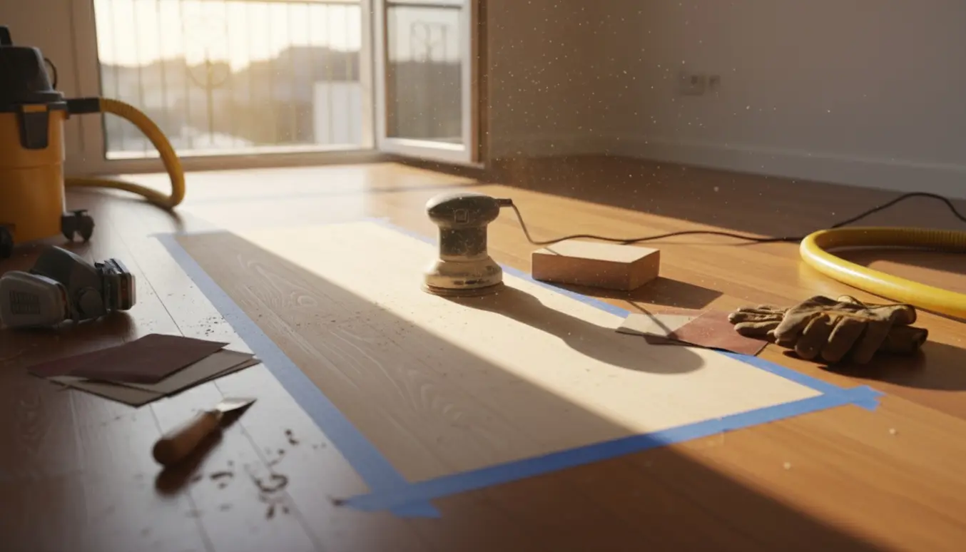 Lille rektangulær plet på trægulv slebet med håndsliber og støvsuger ved en åben altandør.