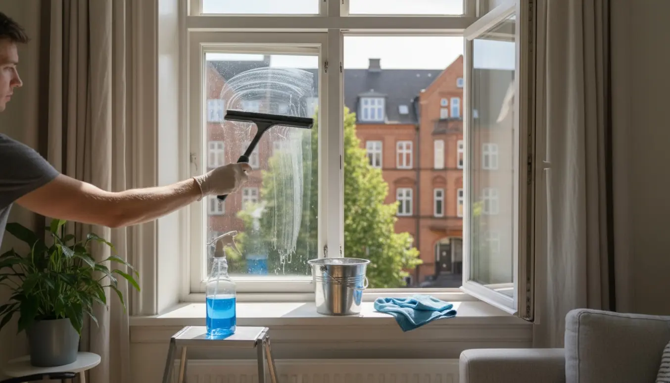 Hænder pudser et indadvendt vindue i en Frederiksberg-lejlighed med squeegee, spand og klud på vindueskarmen.