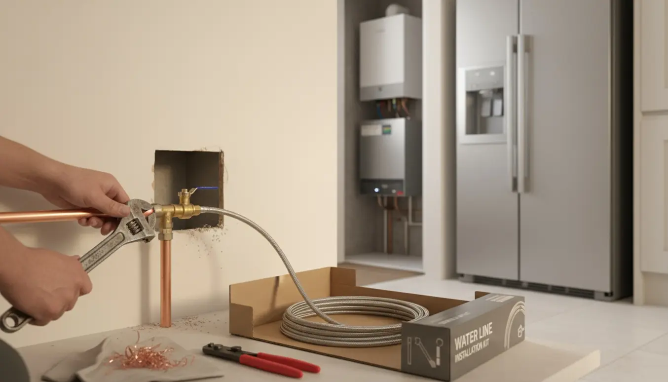 Nærbillede af installation af køleskabs vandtilførsel med T-stykke og ballofix, hvor slangen føres gennem en væg ved siden af et fyr.