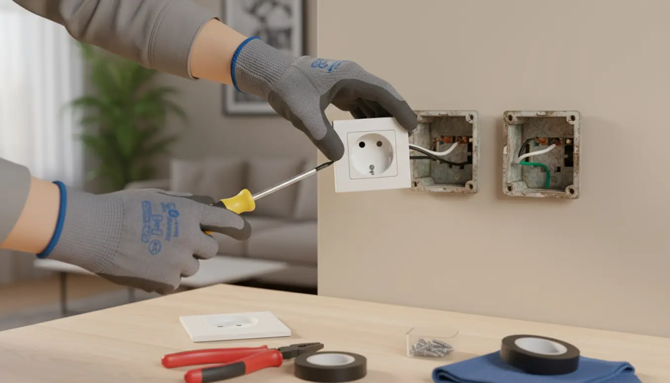Nærbillede af udskiftning af to stikkontakter med handsker og værktøj på et bord.