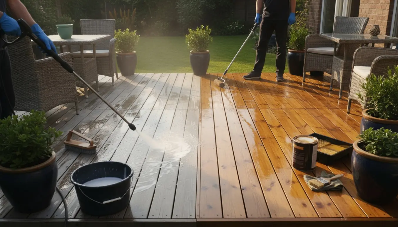 To træterrasser i en baghave, hvor den ene renses med højtryksrenser og den anden får træolie, med værktøj og potteplanter omkring.
