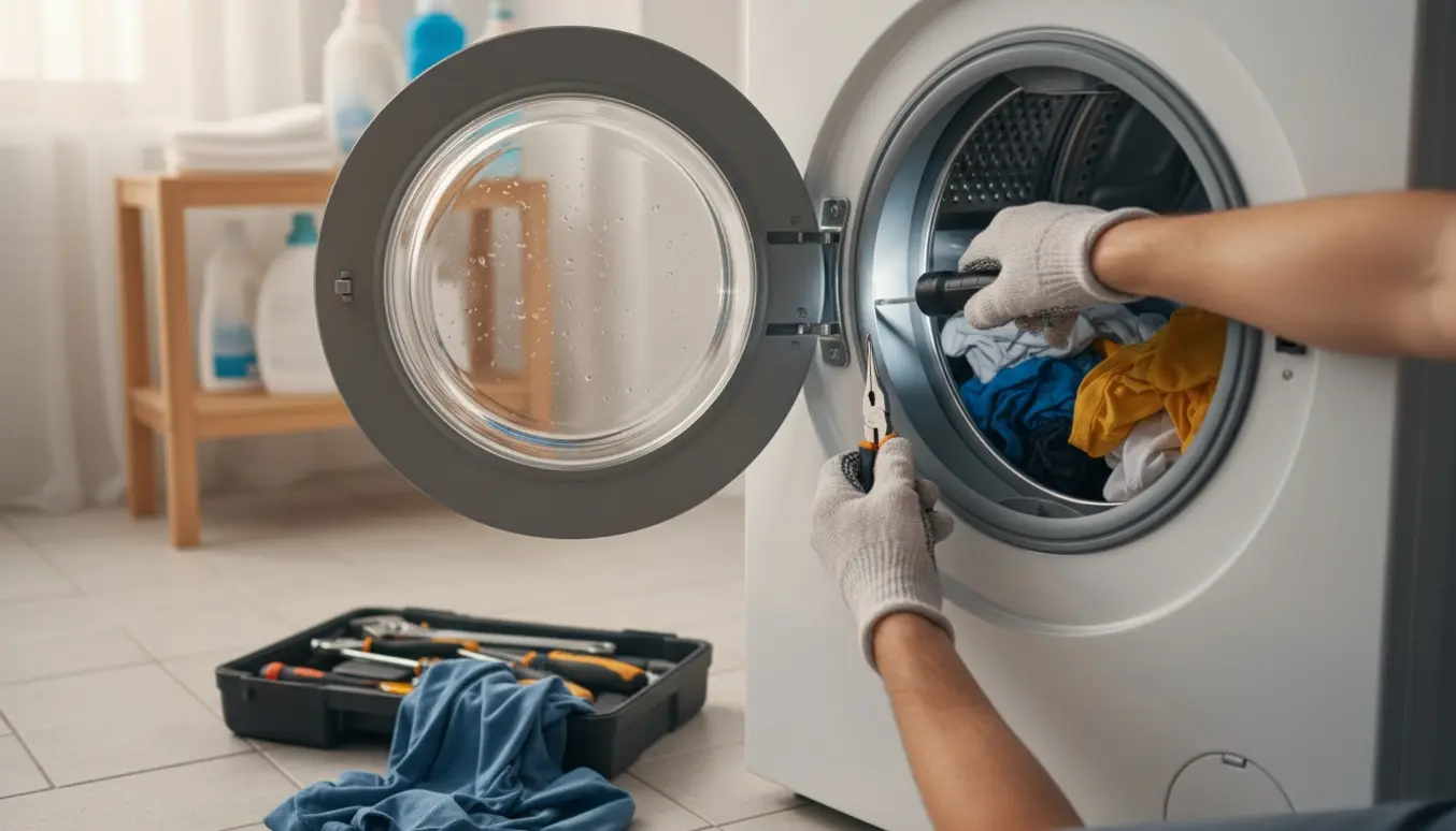 Håndværkers hænder forsøger at åbne lågen på en frontbetjent vaskemaskine med tøj indeni, værktøj ligger ved siden af.