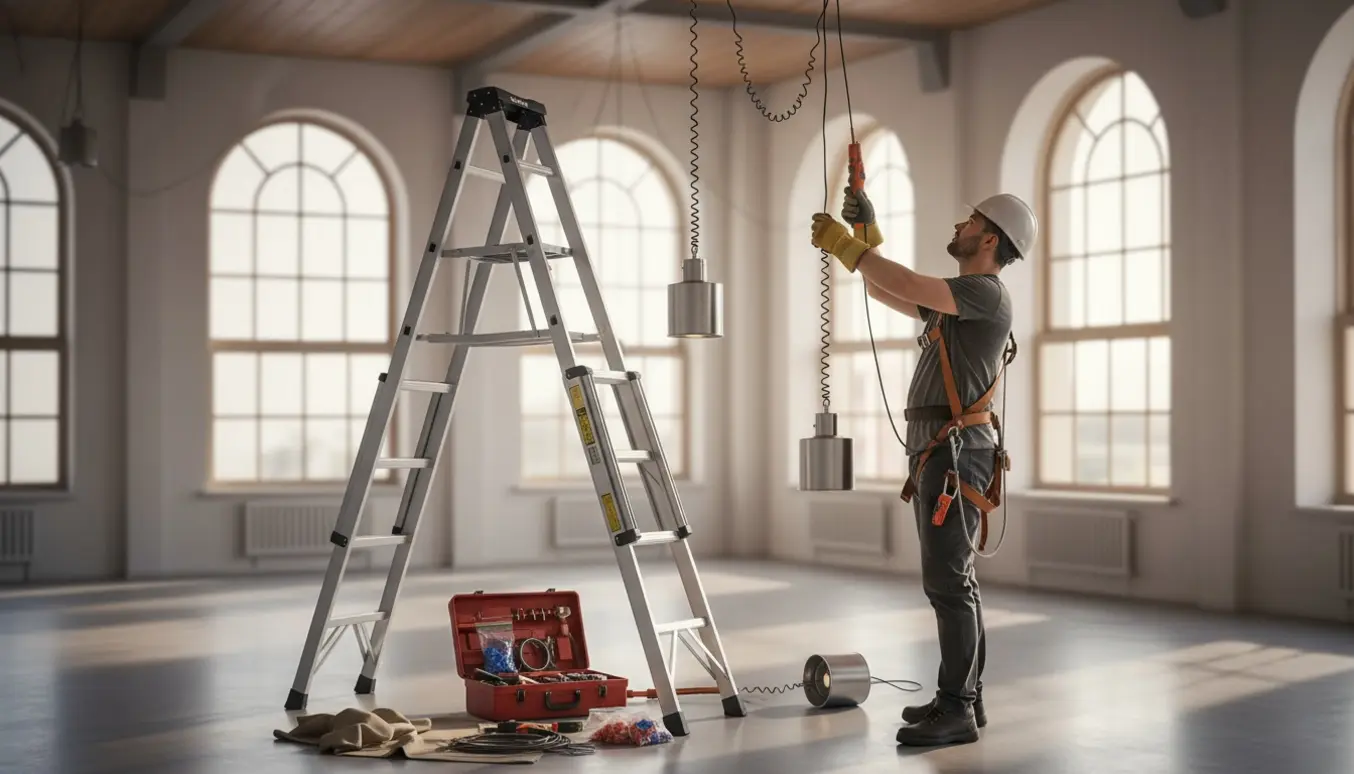 En arbejder på stige fjerner tre pendellamper fra et 4 meter højt loft med værktøj og sikkerhedsudstyr.