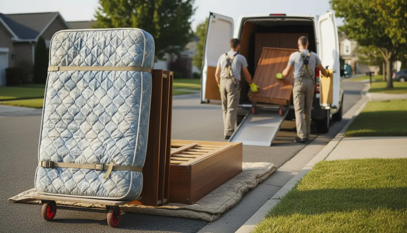 To hjælpere læsser en madras og et skab ind i en flyttevogn på fortovet med flyttetæpper og en transportvogn.