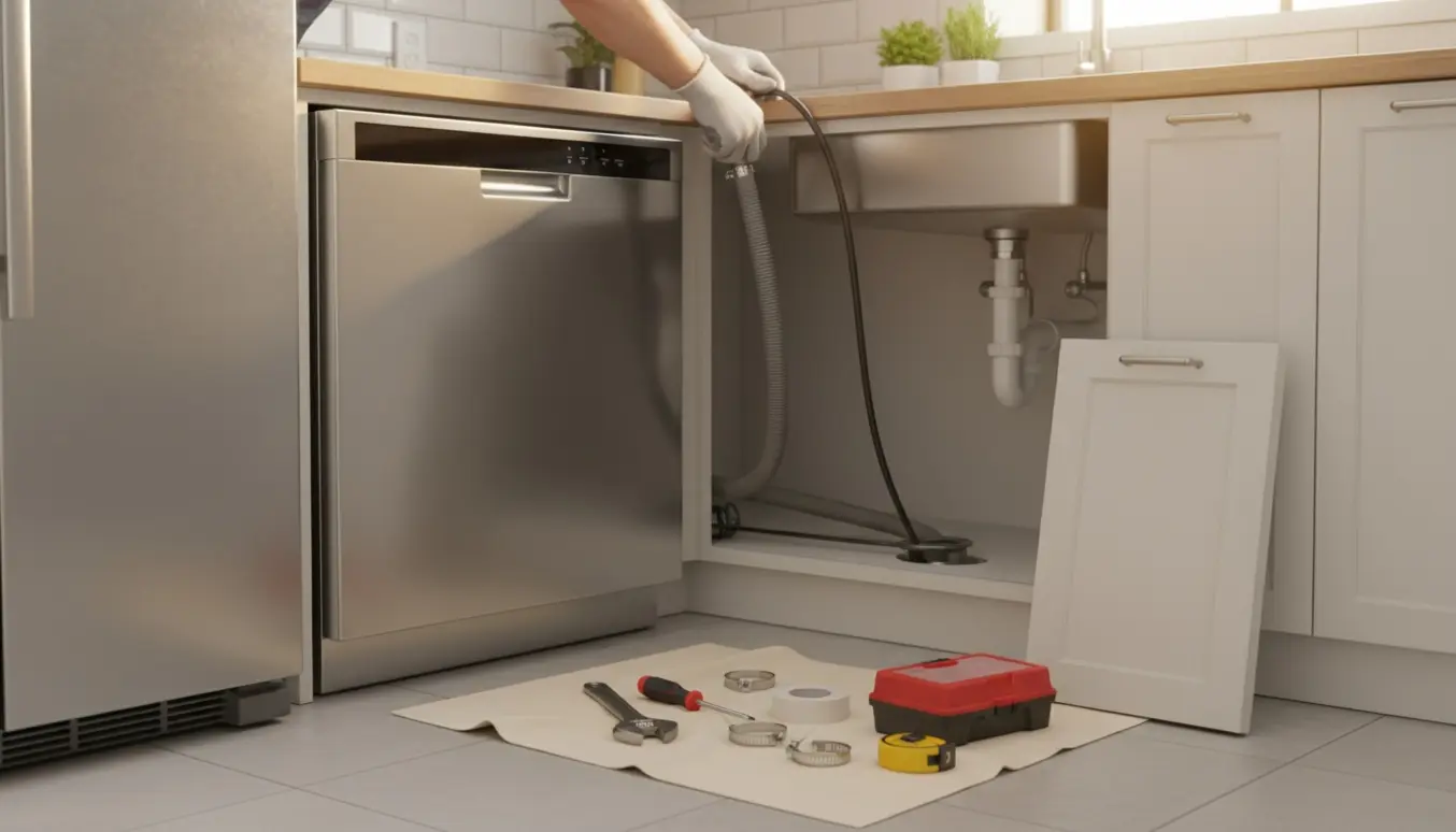 En ny opvaskemaskine skubbes på plads i et køkken, mens hænder forbinder afløb og strøm i et åbent underskab.