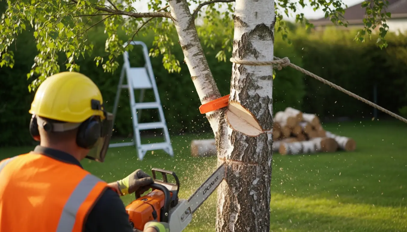 En arbejdsklædt person fælder en birk i en solbeskinnet have med savsmuld, kiler og stabler af træ i baggrunden.