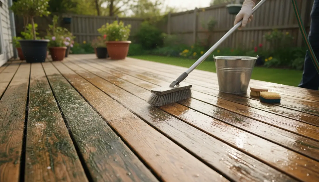 Handskerede hænder skrubber grønne alger af en hårdttræs-terrasse og hegn med børste og vandspray.