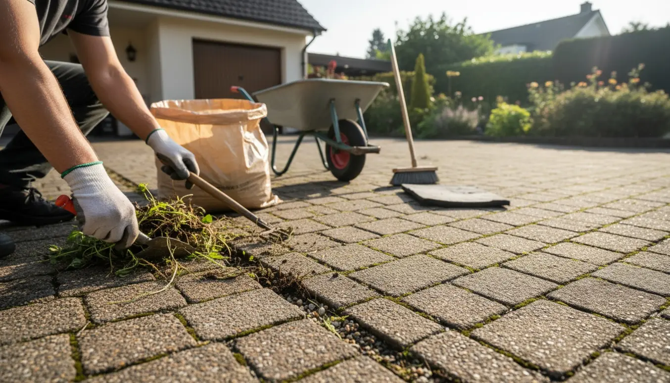 Hænder fjerner ukrudt mellem fliser i en indkørsel og gård med handsker, rive og pose til haveaffald.