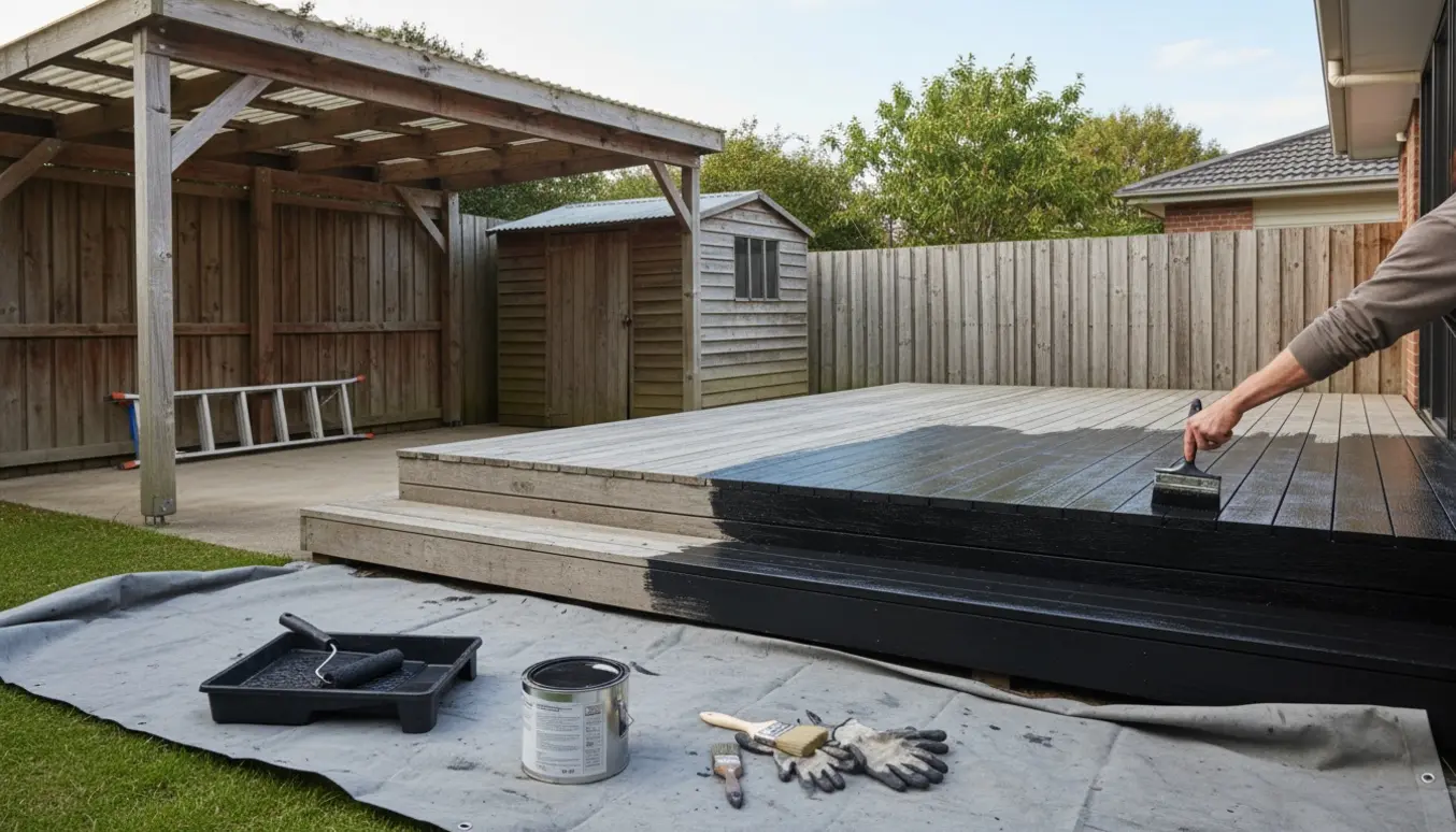 Delvist nymalet carport, skur, plankeværk og terrasse i sort med malerbøtte og pensel i forgrunden.