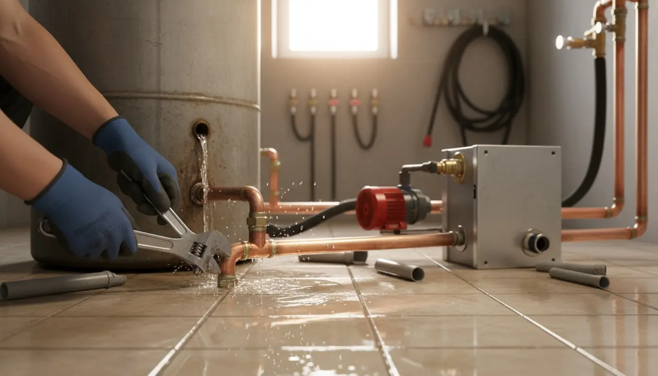 En VVS-tekniker udskifter en fjernvarmeunit i et fyrrum med lækkende varmtvandsbeholder og nye kobberrør.