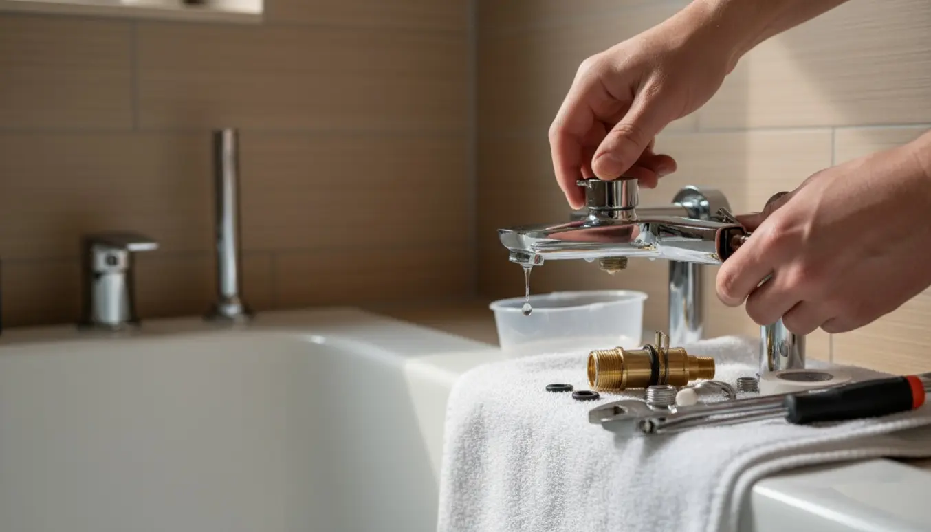 Hænder udskifter indmad i et utæt blandingsbatteri ved badekarret med værktøj og dryppende vand.