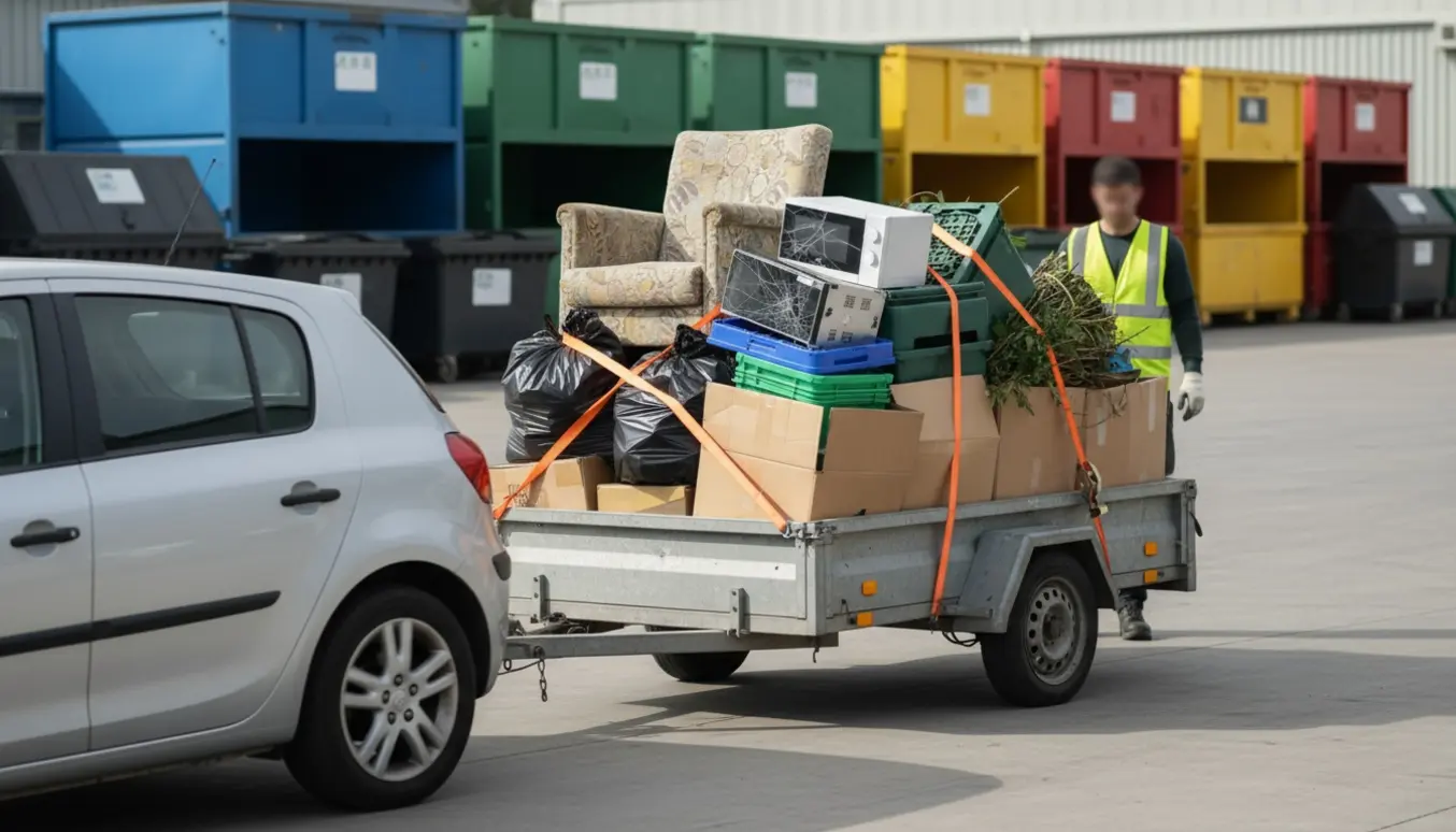 Bil med lille trailer fyldt med affald foran en genbrugsplads under aflæsning.