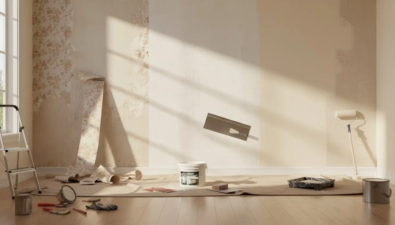 Et lyst rum med afrevet tapet, spartlet væg og en malerulle klar til maling.