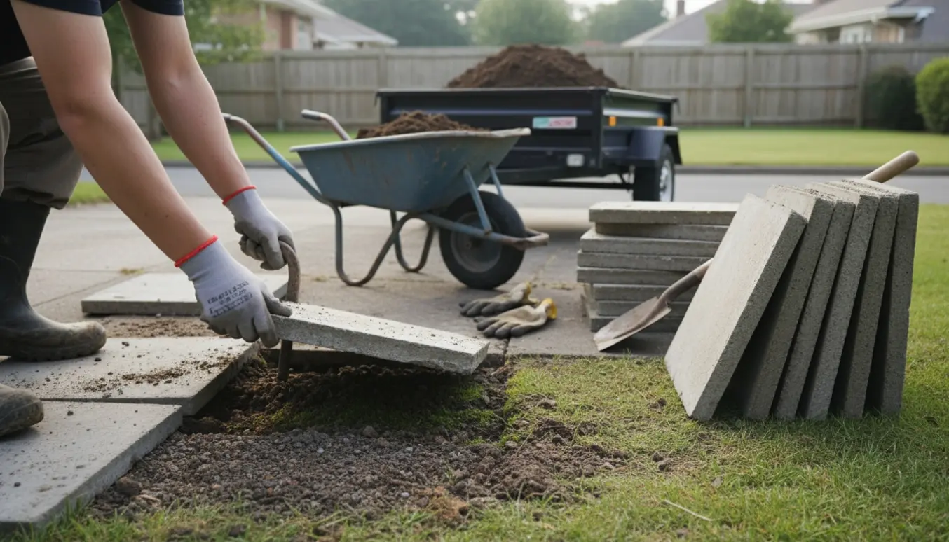 Opgravning og stabling af store 70x70 cm fortovsfliser med værktøj og trailer med jord i baggrunden.