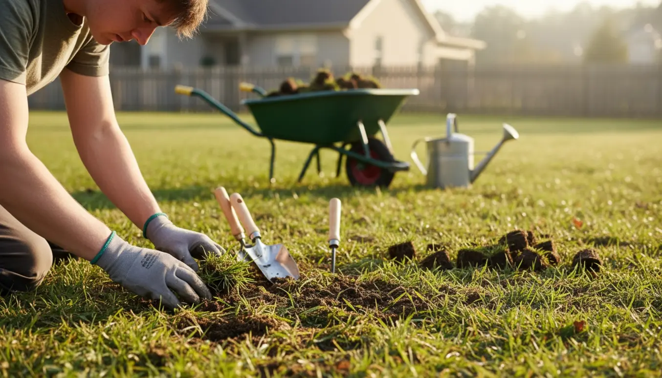 Nærbillede af reparation af græsplæne med græsplugger og haveredskaber i en solrig forstadshave.