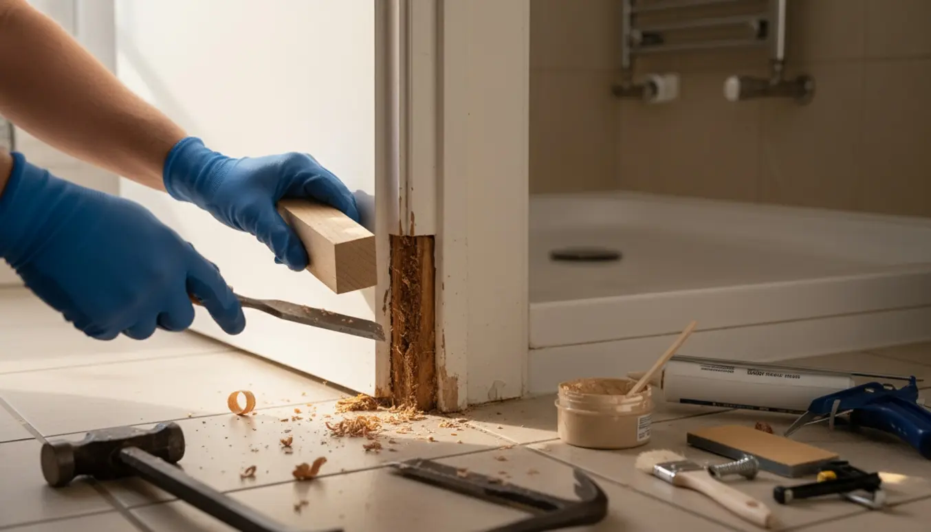 Nærbillede af udskiftning af rådden bund i en badeværelsesdørkarm med værktøj og nyt træstykke.