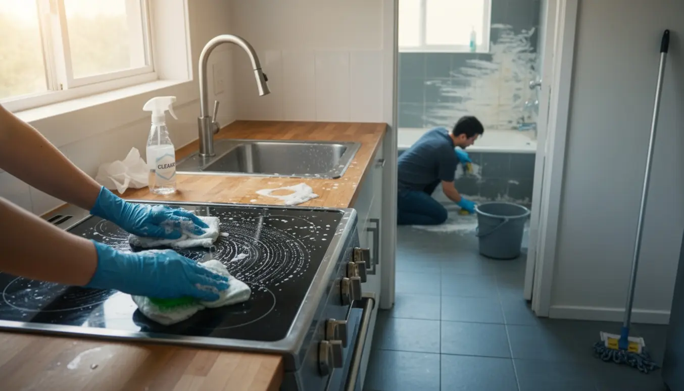 Hænder i gummihandsker tørrer fedtet komfur af i et lille køkken, mens et badeværelse i baggrunden rengøres.