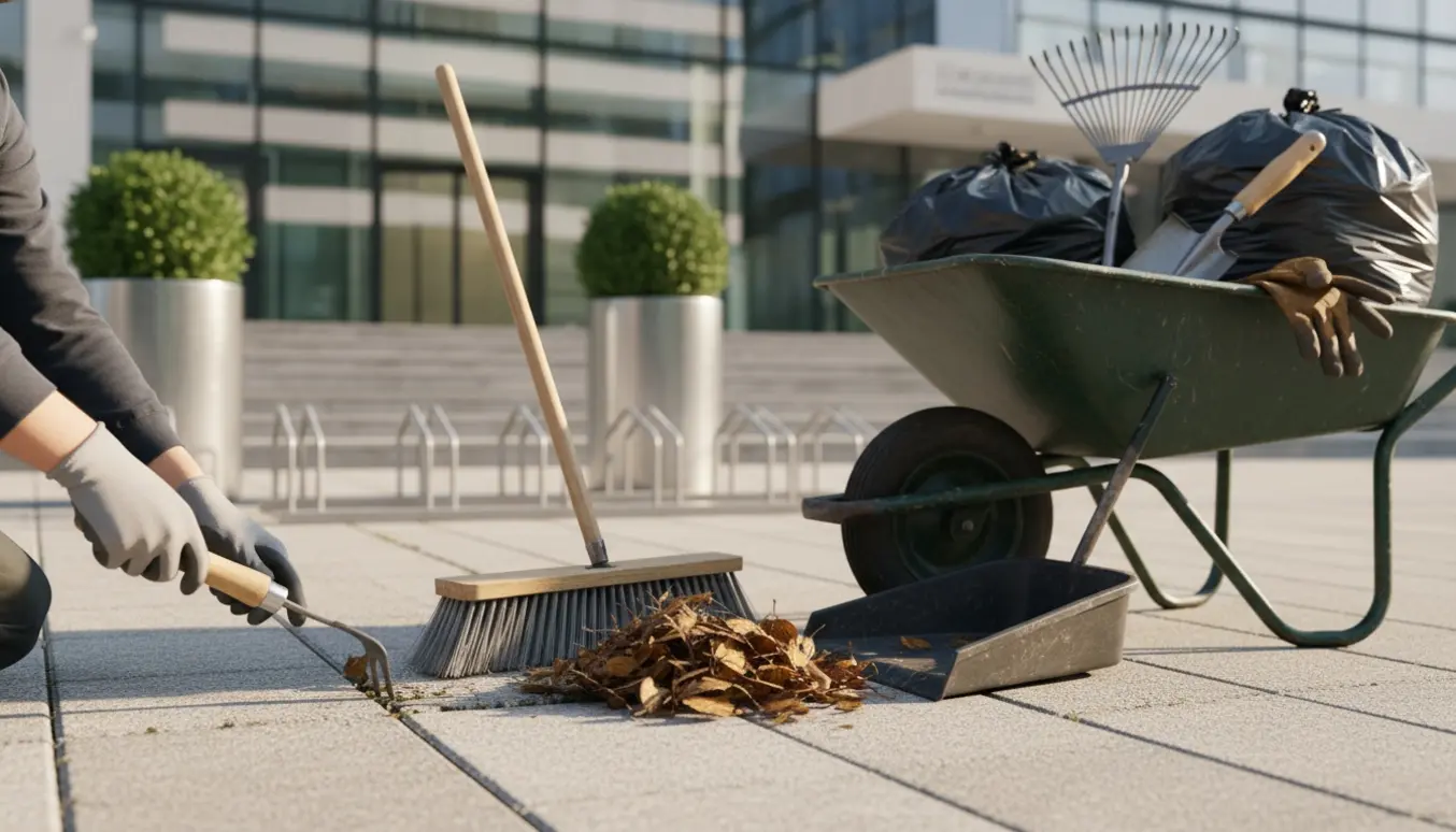 Vicevært luger og fejer ved indgangen til en erhvervsejendom med kost, skovl og affaldssække i morgensol.