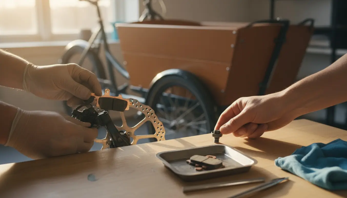 Nærbillede af hænder, der udskifter bremseklodser på en ladcykel med nye klodser og værktøj ved siden af.
