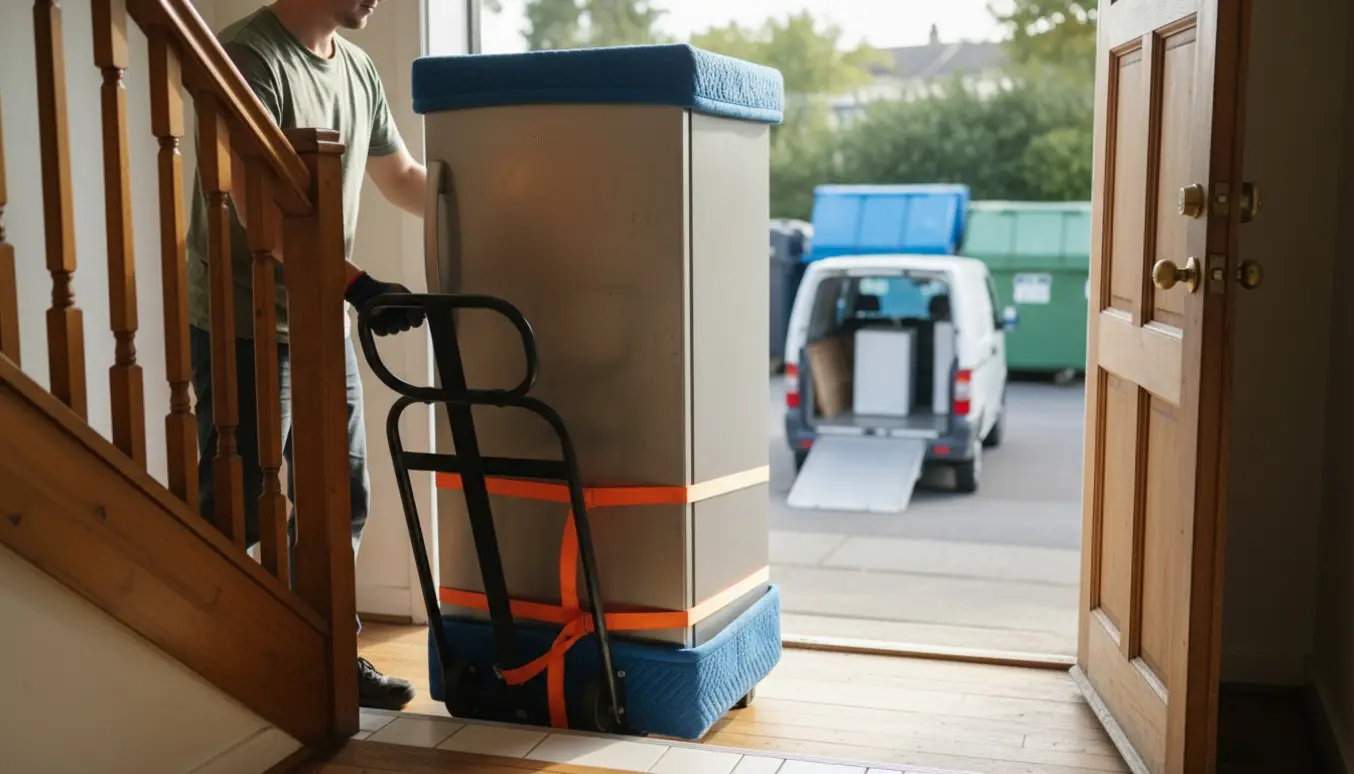 Et køle-fryseskab sikret på en flyttedolly bæres ned ad en trappe mod en varevogn ved genbrugspladsen.