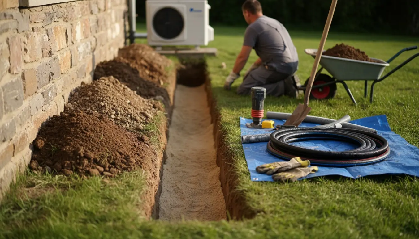 Færdigudgravet rende langs husets sokkel med spade, isolerede rør og arbejdsredskaber klar.