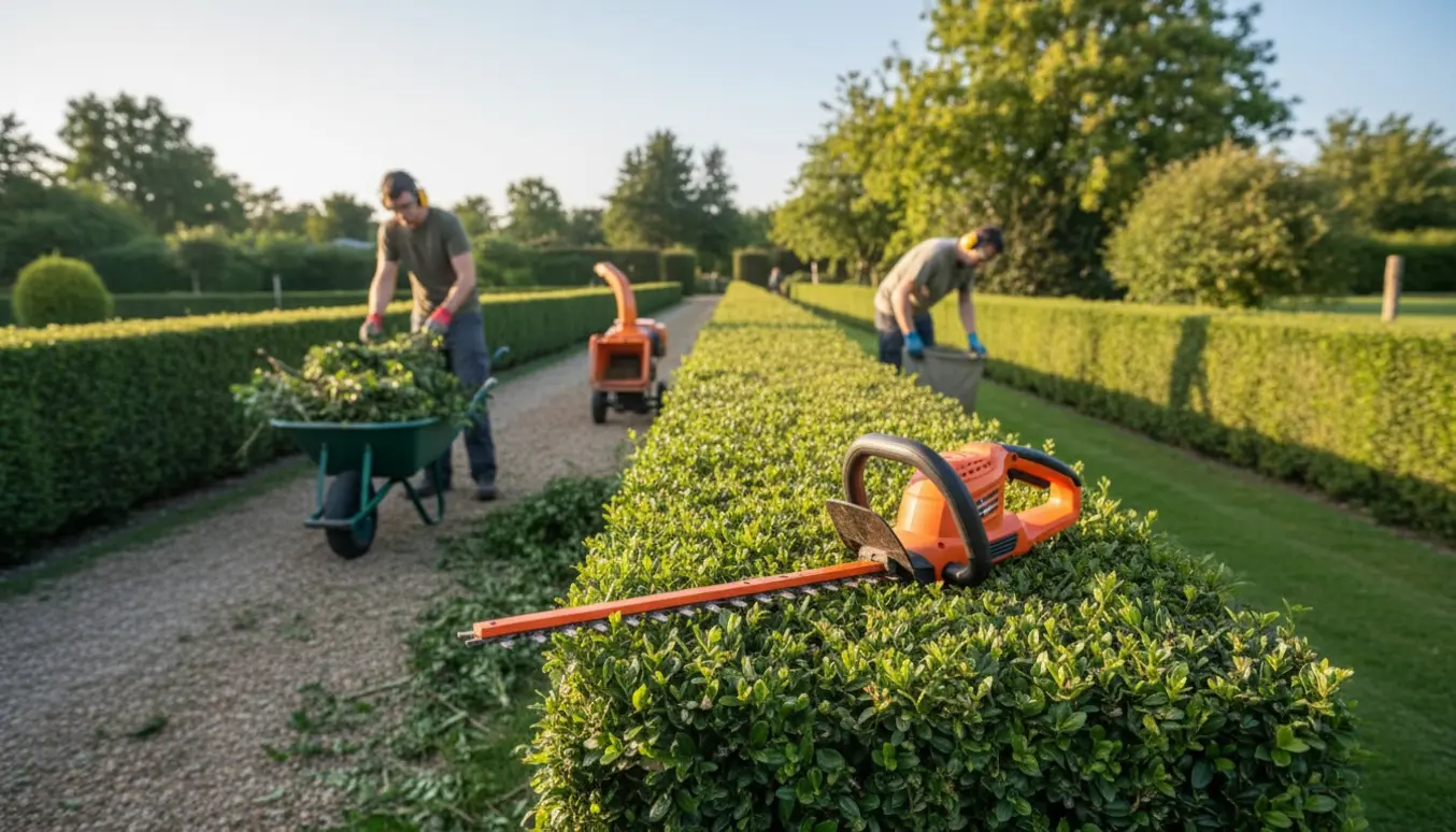 Nyklippet ligusterhæk omkring skulderhøjde med hækkeklipper, skubbevogn og grenaffald på en solrig sommerdag.