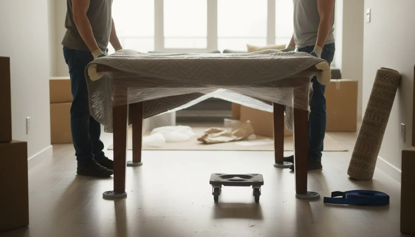 To personer bærer et stort rektangulært bord beskyttet af flyttetæpper gennem en lys lejlighed.