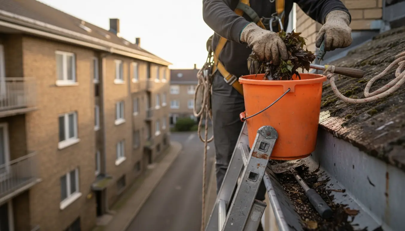 En arbejder på stige renser en tagrende på en fireetagers bygning med handsker og spand, ansigtet ikke synligt.