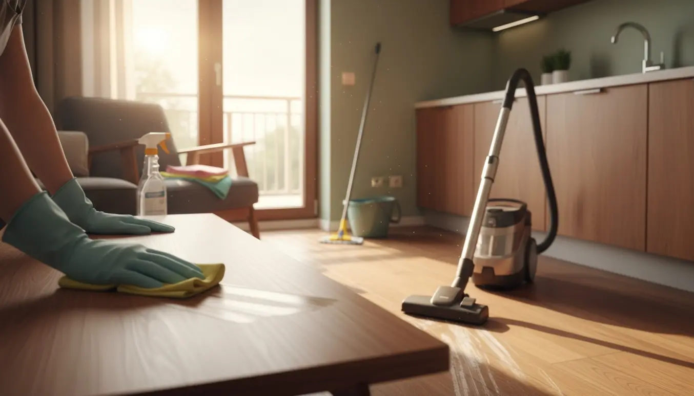 Hænder tørrer et sofabord af i en lys, moderne lejlighed under rengøring.