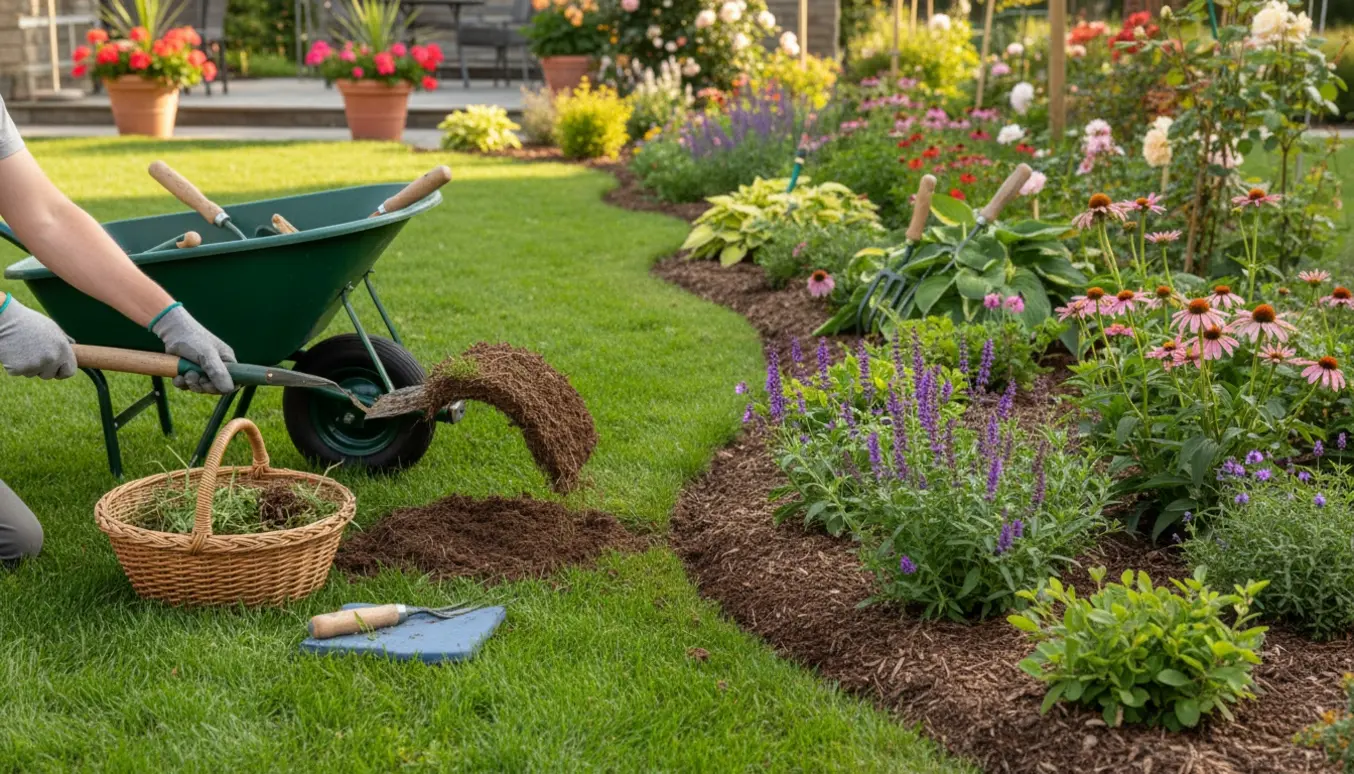 Nærbillede af handsker, der luger et blomsterbed og skærer en tydelig kant mod græsplænen.