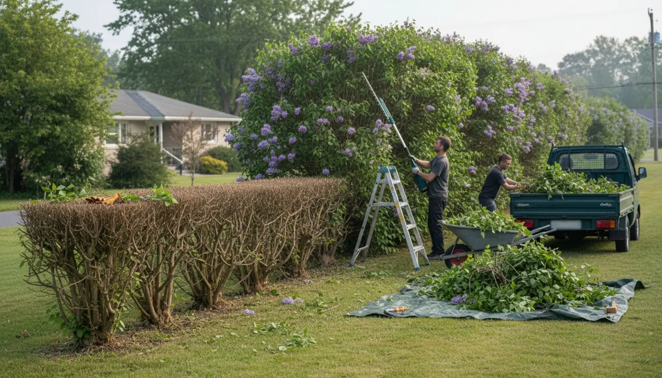 Lang syrenhæk bliver klippet ned til 1,8 m med stanghækkeklipper, og afklippede grene samles i trailer.