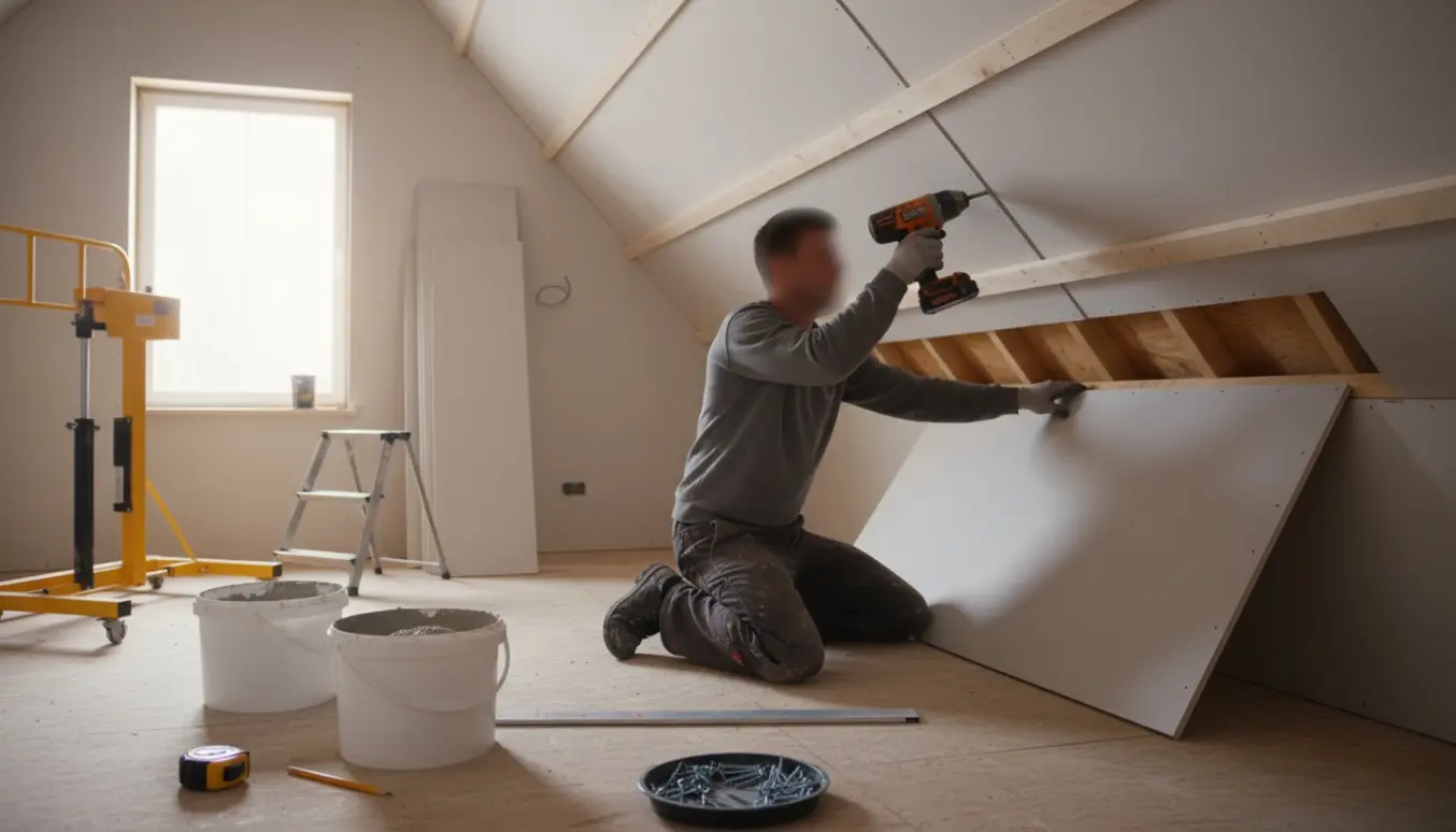 Håndværker uden synligt ansigt monterer gipsplade på skråt loft i et lille værelse med værktøj og materialer omkring.