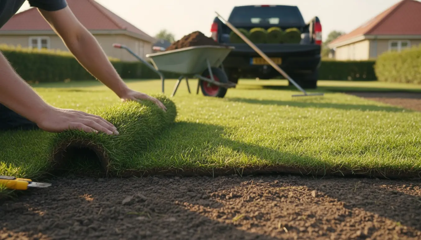 Rullegræs rulles ud og lægges på et forberedt 19 m² jordareal i en forstadshave.