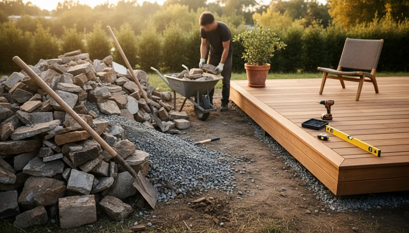 Fjernelse af stenhøj ved en ny træterrasse med værktøj og materialer.