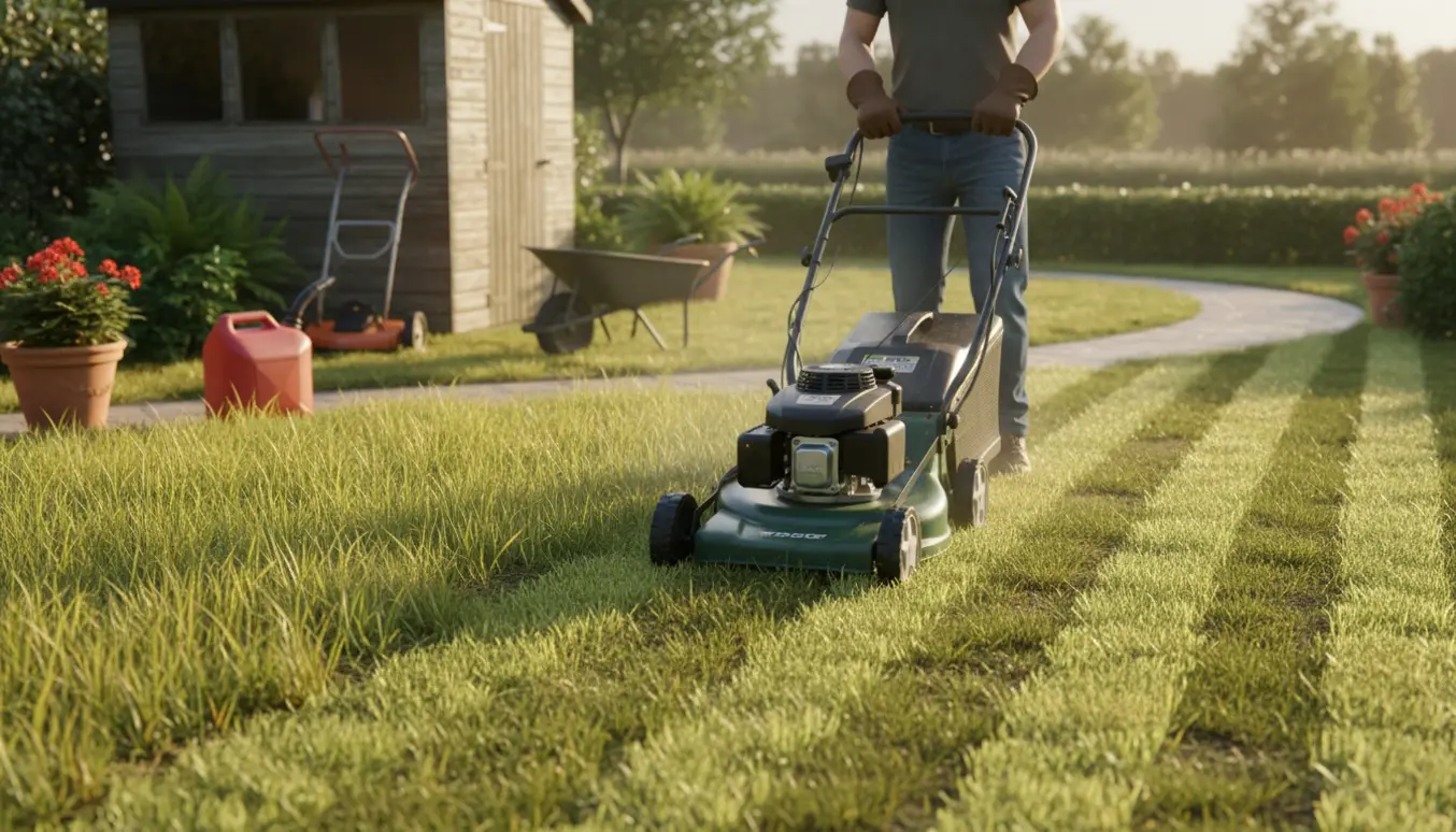 Person slår græs i en mellemstor have med en push-plæneklipper, set bagfra uden ansigt.