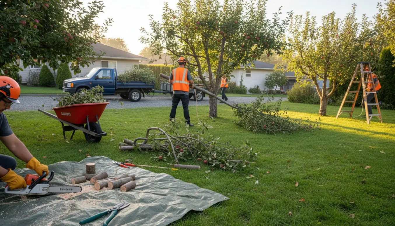 I en have fældes et ca. 3 m højt æbletræ, grene saves i små stykker og lægges i trillebør og trailer.