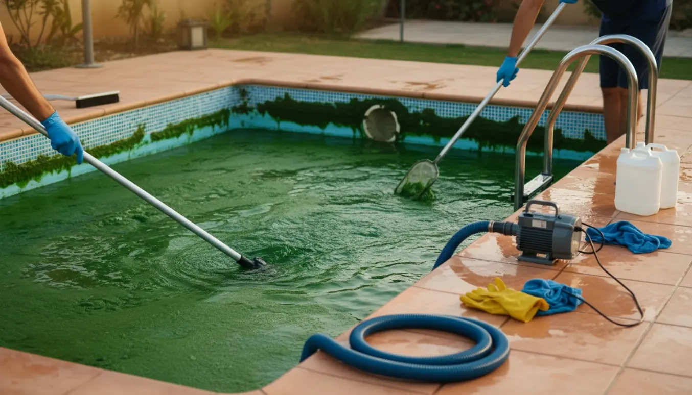 Handskerede hænder rengør en grønalget baghavepool med støvsuger og skimmer.