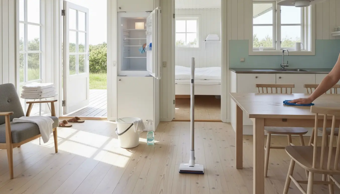 Lyst sommerhusinteriør med let slutrengøring: aftørring af bord, støvsuger og rengøringsmaterialer.