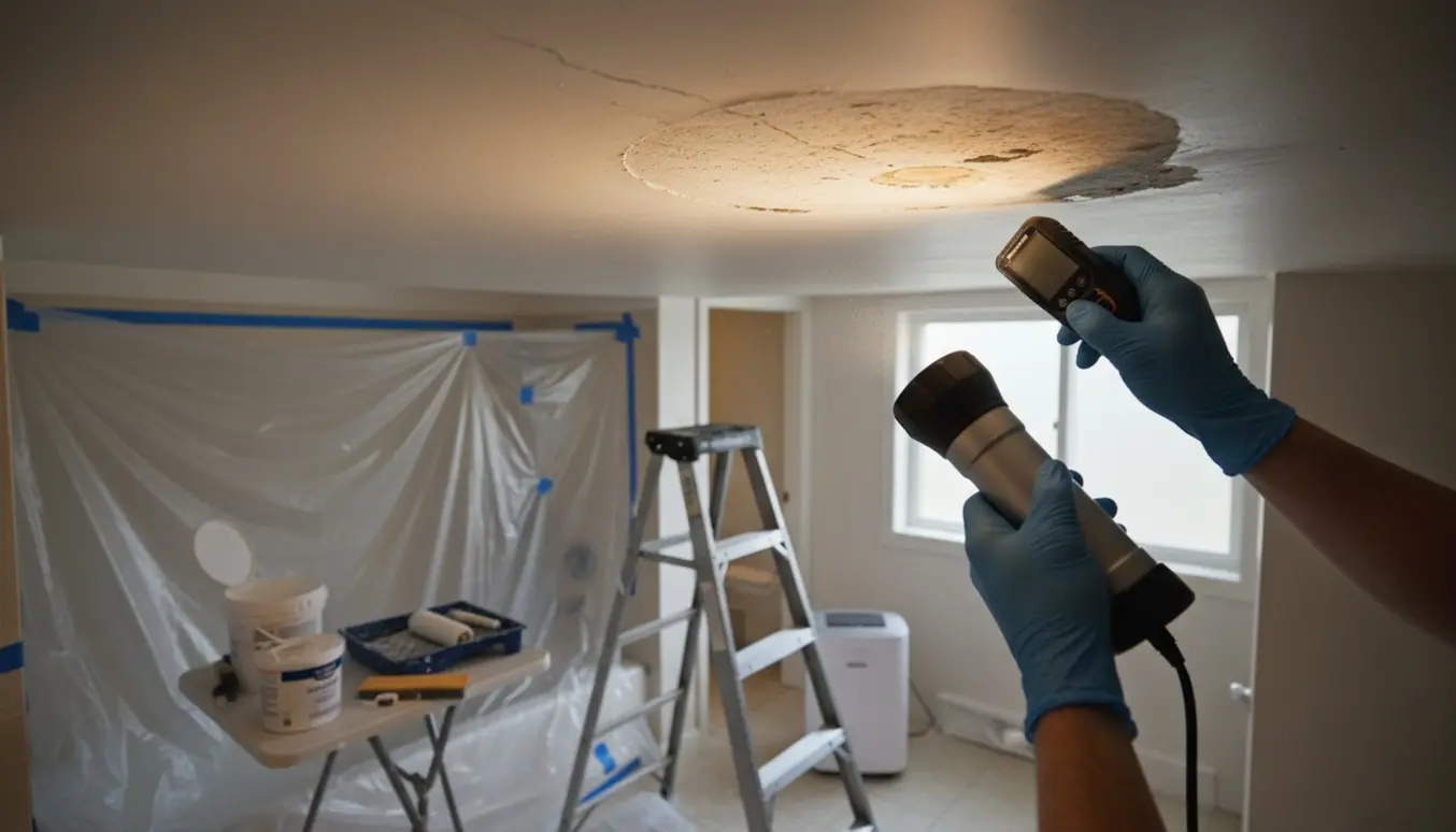 Hænder måler fugt i et vandskadet badeværelsesloft med afdækket badekar og affugter i baggrunden.