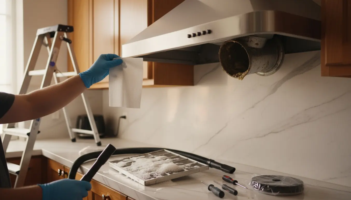 Afmonteret fedtet emhætte og vaskede filtre på køkkenbordet, mens handsker holder en serviet tæt på udsugningen uden sugekraft.