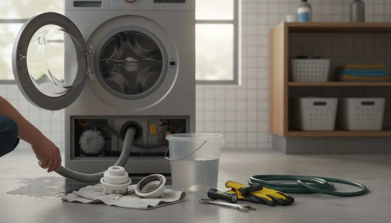 Åben vaskemaskine med stående vand, løs afløbsslange og en spand, mens hænder arbejder ved pumpens filter.