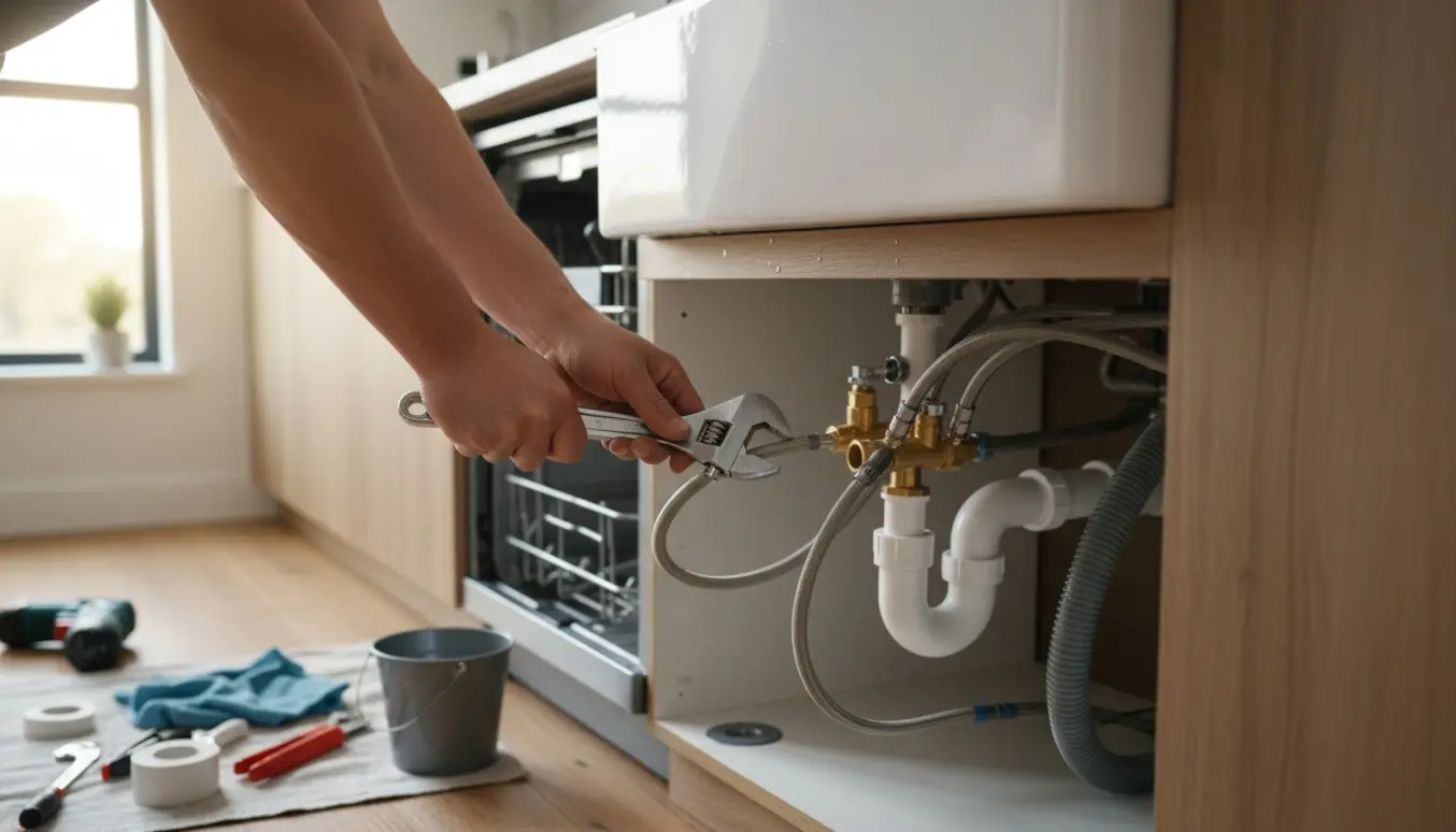 En VVS-installatør forbinder vand- og afløbsinstallationer under køkkenvasken for at montere en integreret opvaskemaskine.