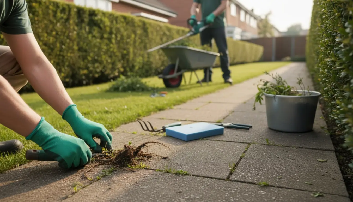 Hækskæring og ukrudtslugning i forhaven med hækkeklipper, handsker og hænder, der fjerner ukrudt mellem fliserne.