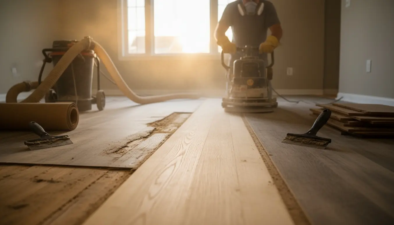 Delvist fjernet vinyl og en gulvsliber i arbejde på et trægulv i en lys lejlighed.